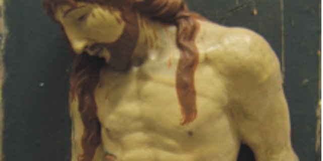 Scultura in terracotta policroma attribuita a Giacomo Cozzarelli appartenete alla Chiesa di Santa Maria in Portico a Fontegiusta - Siena prima del restauro